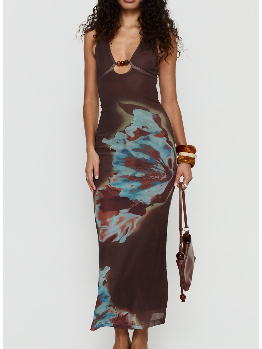 Princess Polly Maritsa Halter Beaded Maxi Dress Brown Floral Sz 2